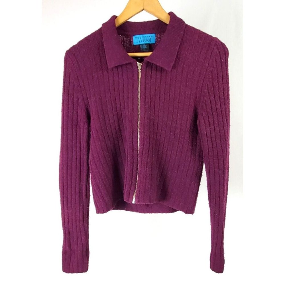 Vintage Twiggy Burgundy Long Sleeve Full Zip Collared Sweater Woman's Medium